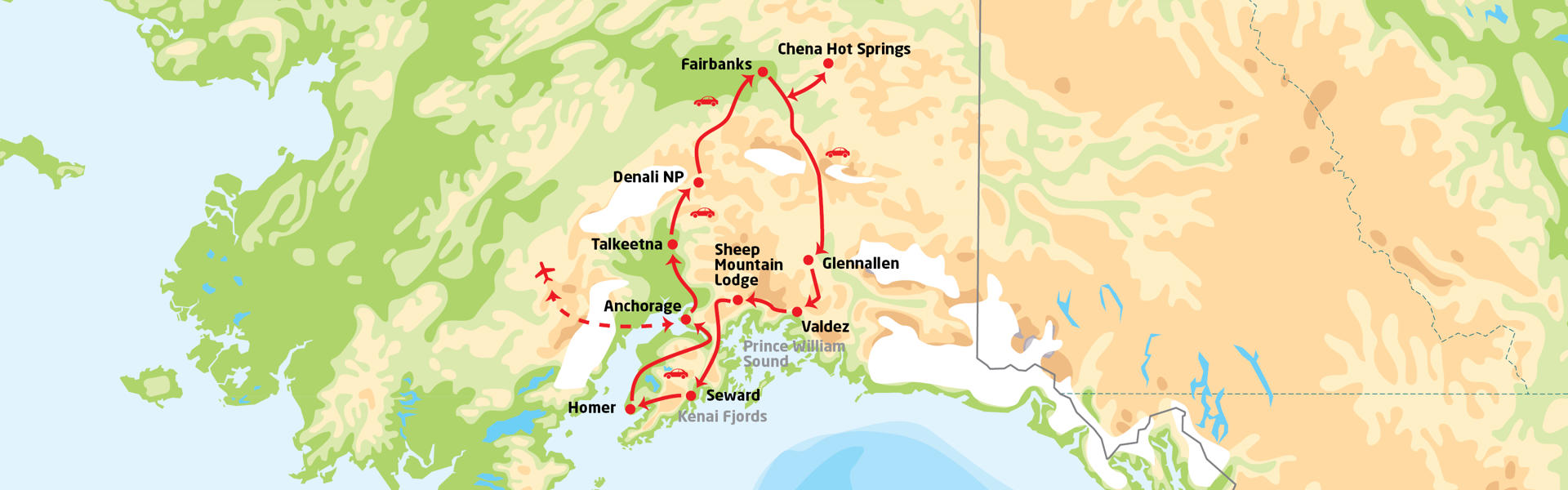 Aktiv bilferie i Alaska - Reiserute
