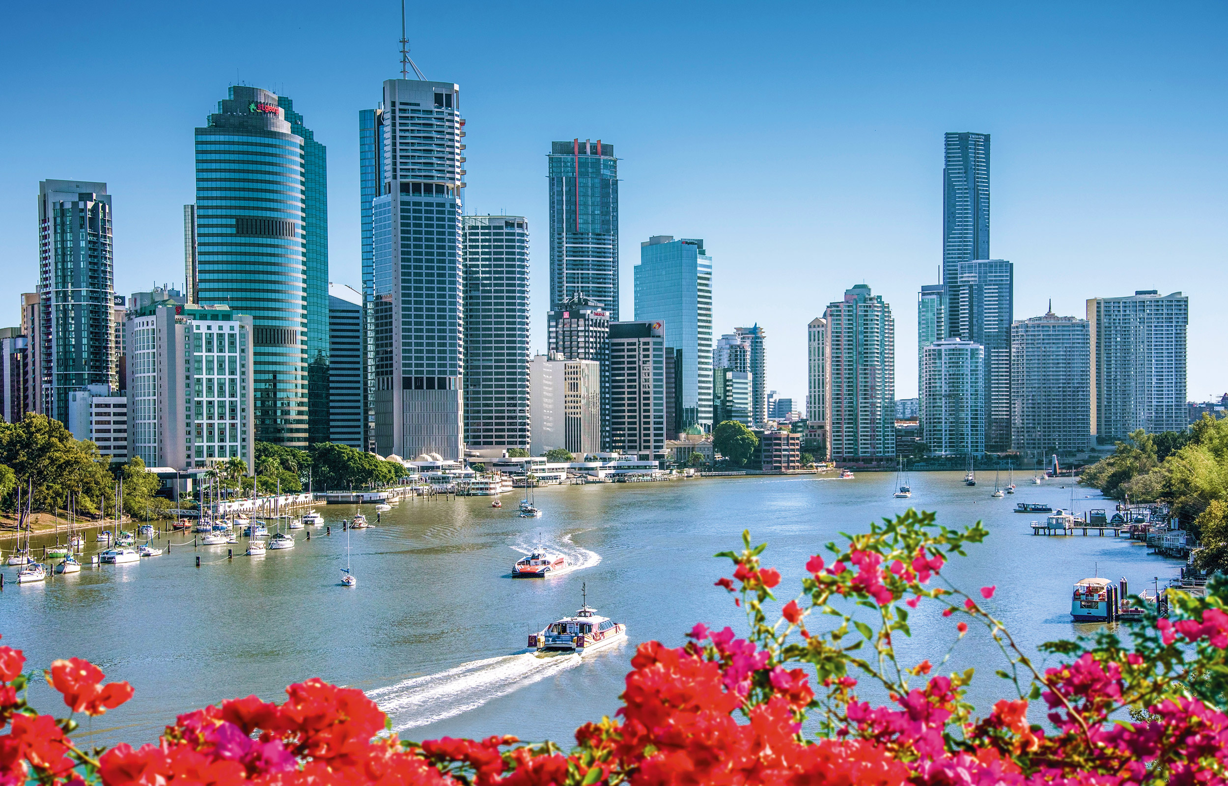 Se den flotte skylinen i Brisbane