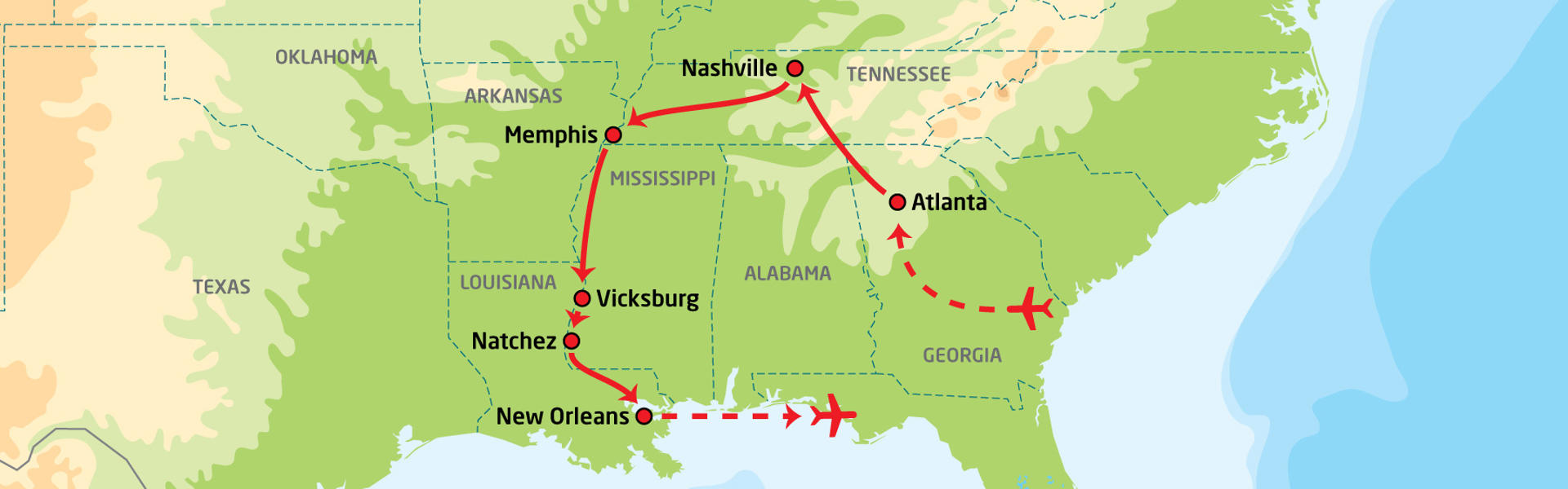 Sørstatene fra Atlanta til New Orleans | Reiserute