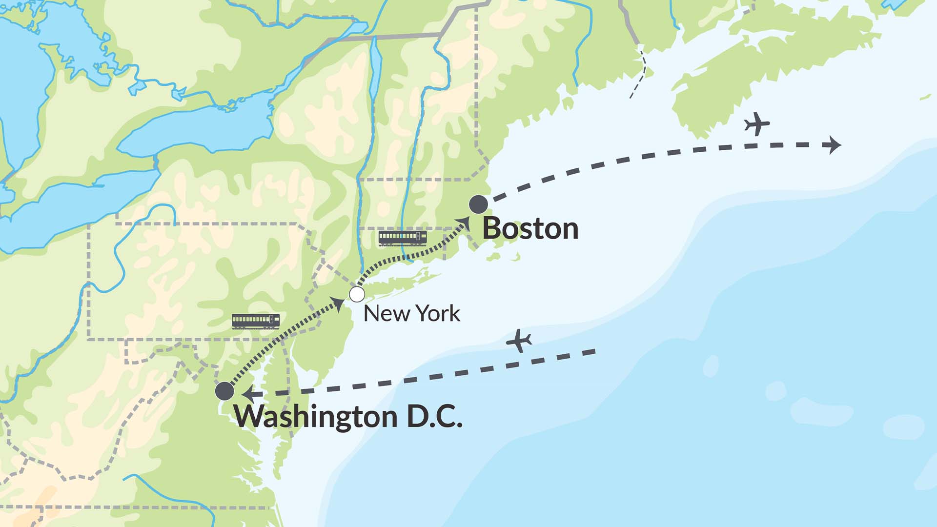Storbyene på USA's østkyst med tog