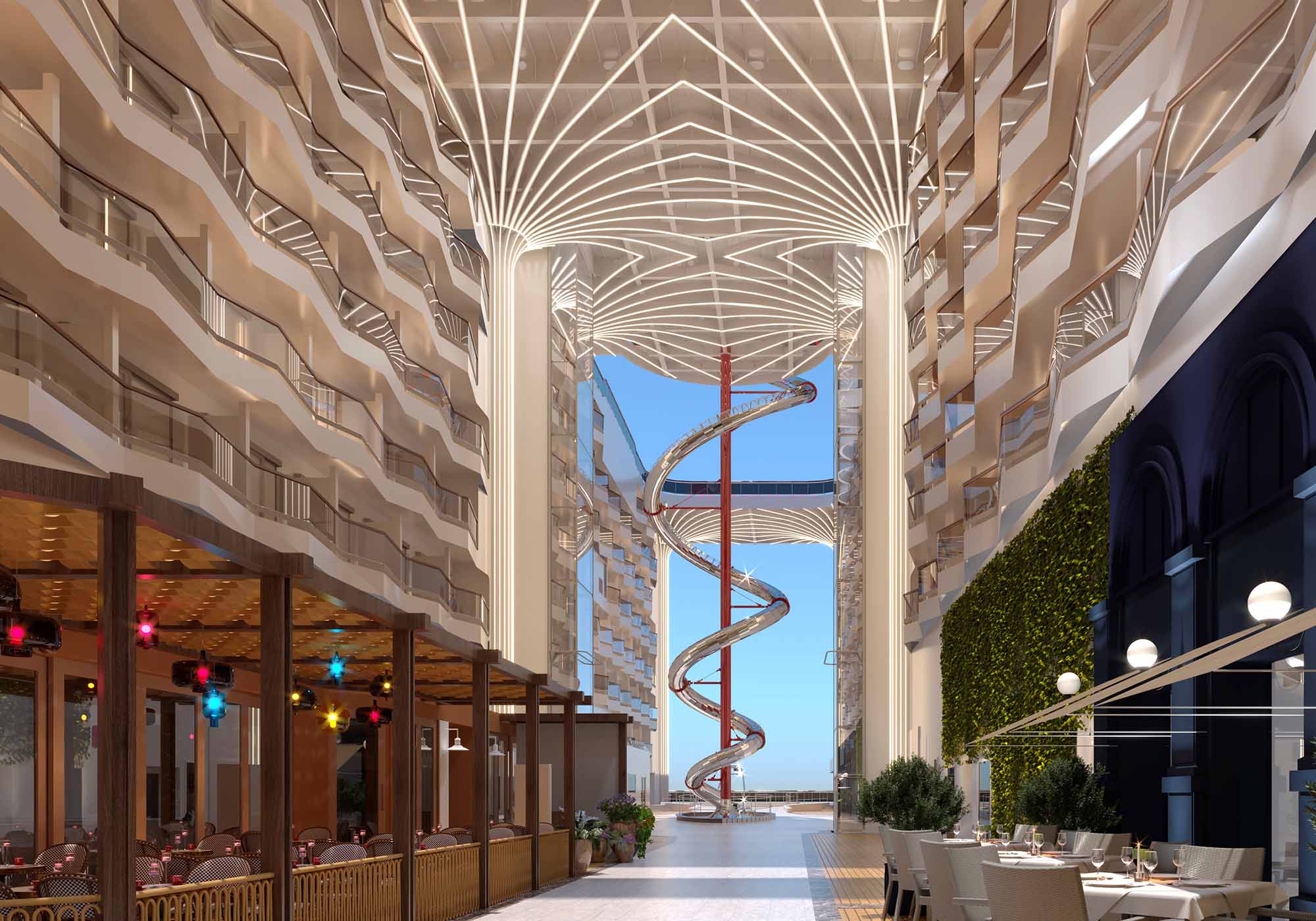 Opplev MSC World Europa, et innovativt skip med moderne design og åpne uterom til sjøs