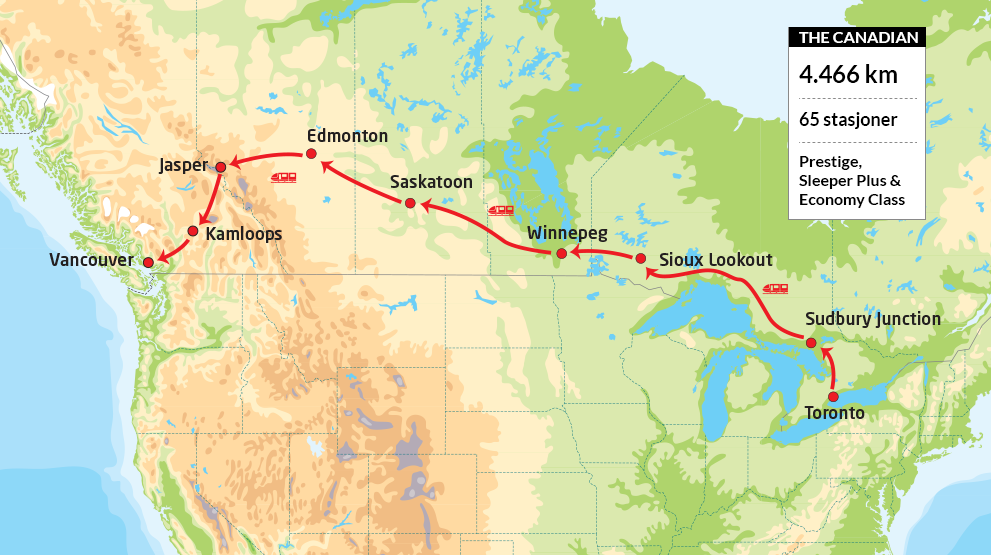 The Canadian tar deg fra øst til vest i Canada - Togreise i Canada