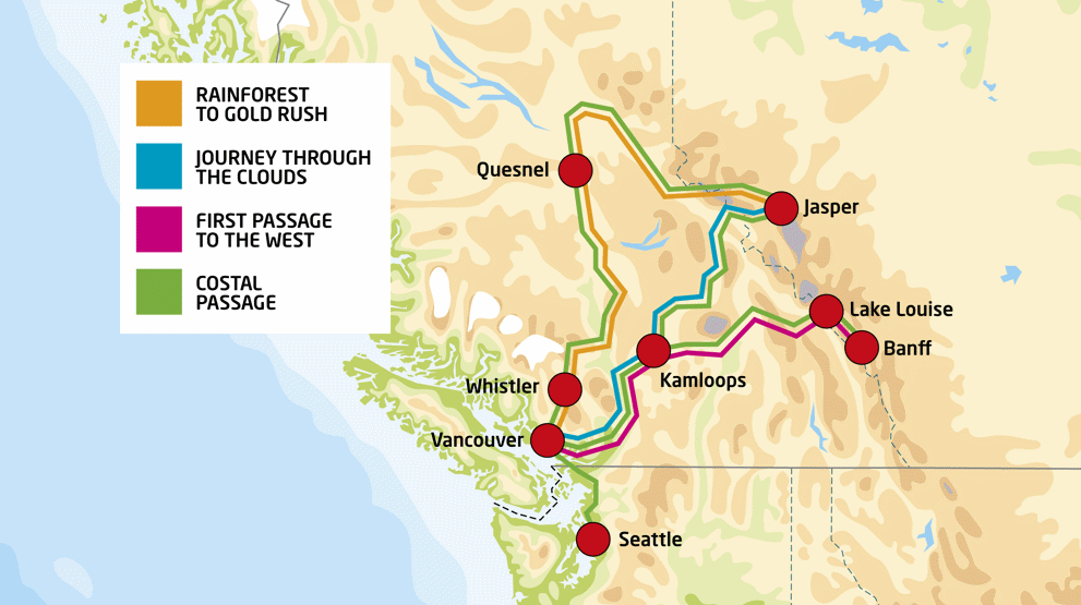 Kart over Rocky Mountaineers fire forskjellige ruter