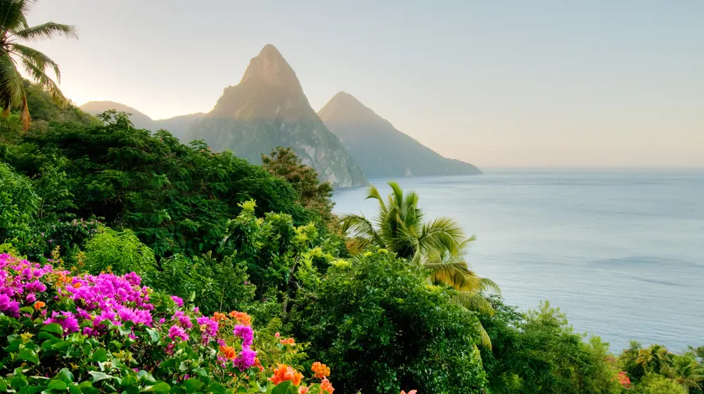 De pittoreske fjelltoppene "Pitons" på St. Lucia i Karibia