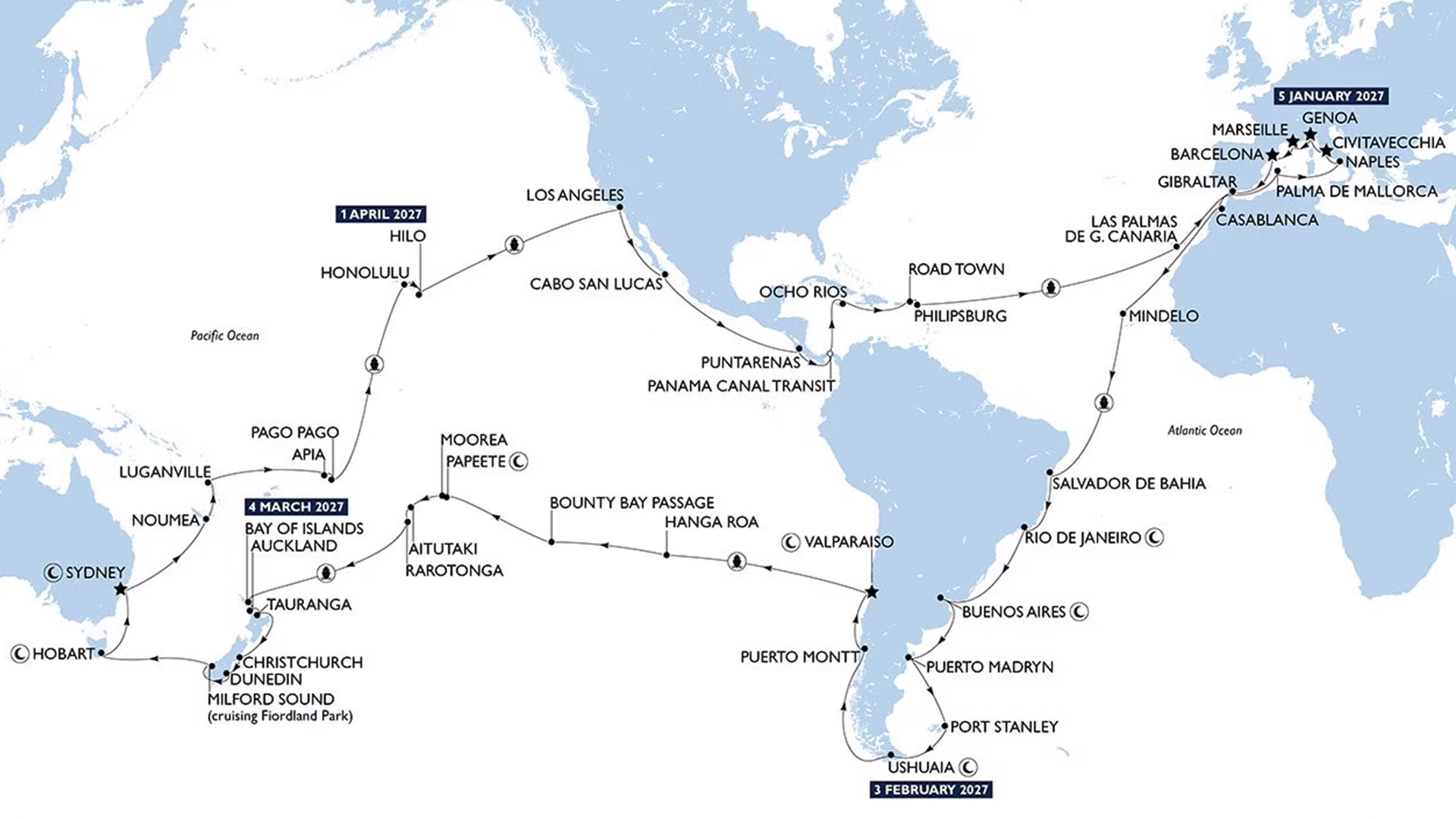 Kart over ruten på verdenscruiset med MSC Magnifica 2027 | Foto: MSC Cruises