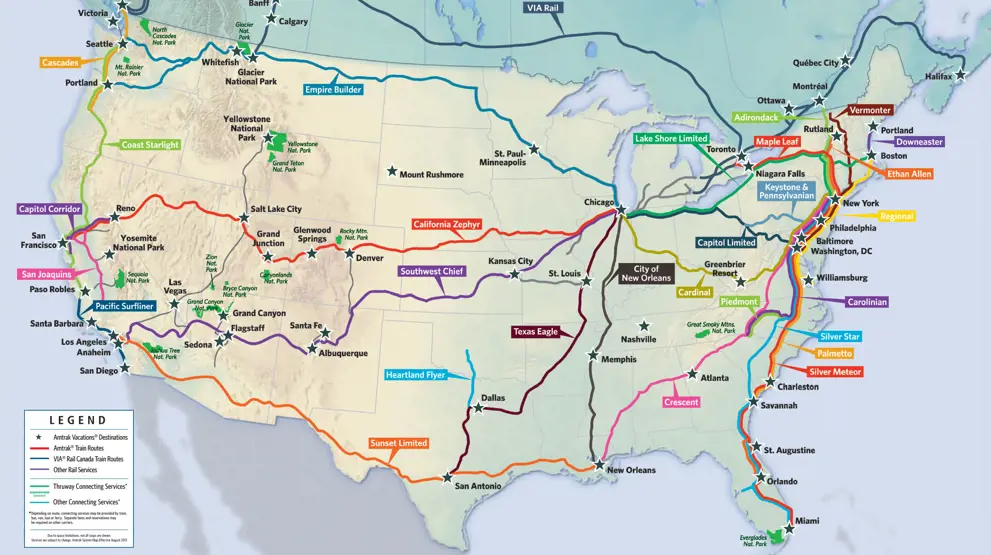 Som man kan se på dette Amtrak-kartet, er det mange muligheter for din togferie i USA